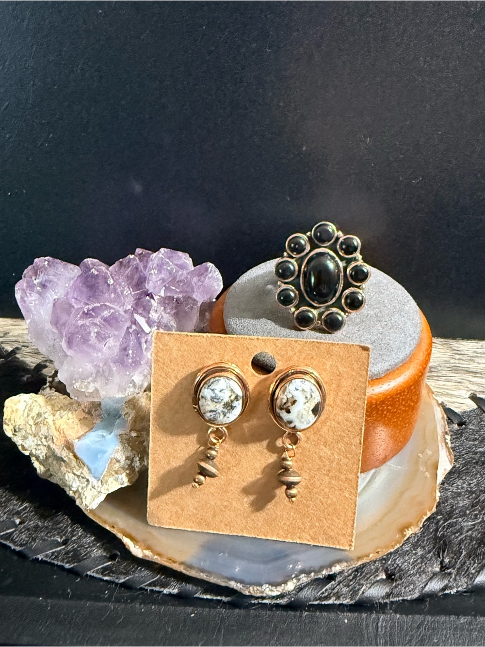 Copper, Southwestern White Buffalo & Black Onyx Ring & Earring Set Adjustable
